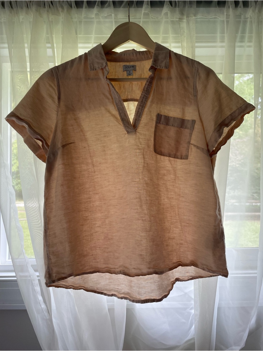 J. Crew Light Brown Short-Sleeve Linen-Blend Button Down Top